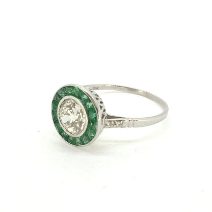 0.90ct Old Cut Diamond and Emerald Target Cluster Ring