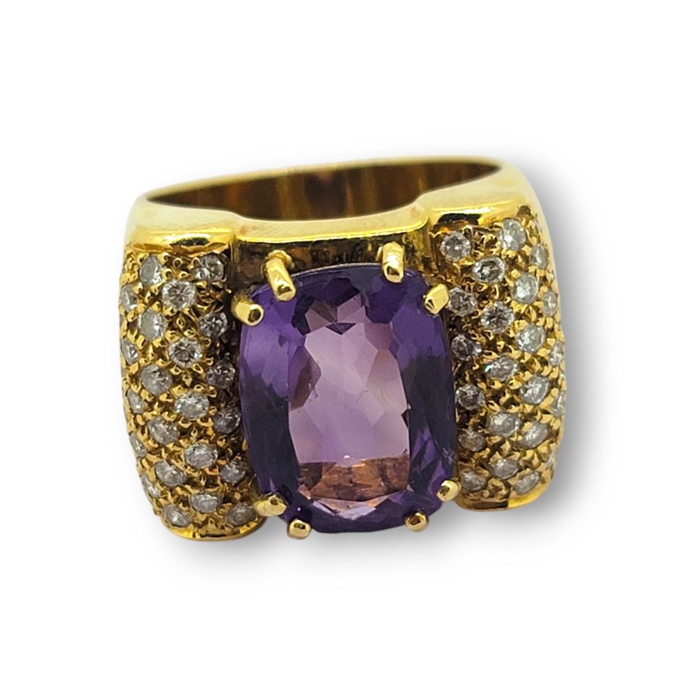 Vintage Retro 1940s Amethyst and Diamond Tank Ring in 18ct Yellow Gold