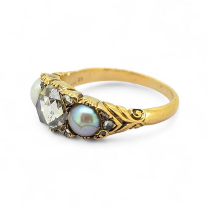 Victorian Antique Natural Pearl and Rose Cut Diamond Three Stone Engagement Ring in Yellow Gold