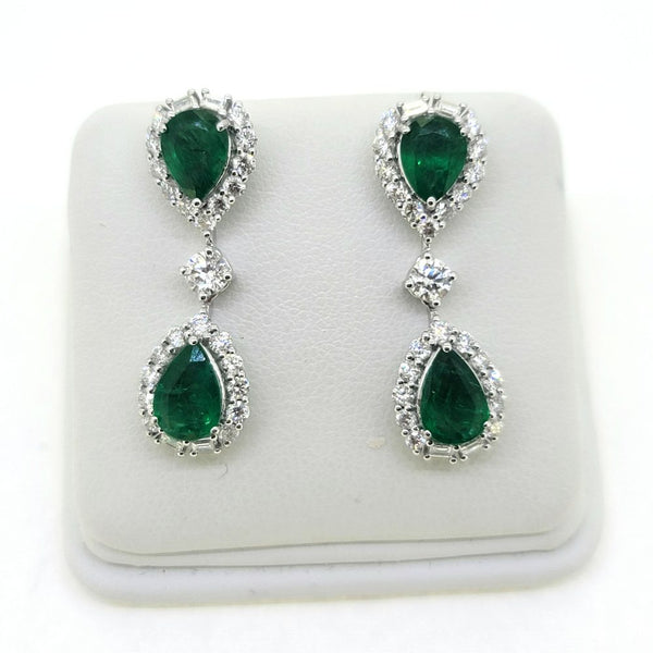 3.5ct Pear Cut Emerald and Diamond Double Cluster Drop Earrings in 18ct white gold