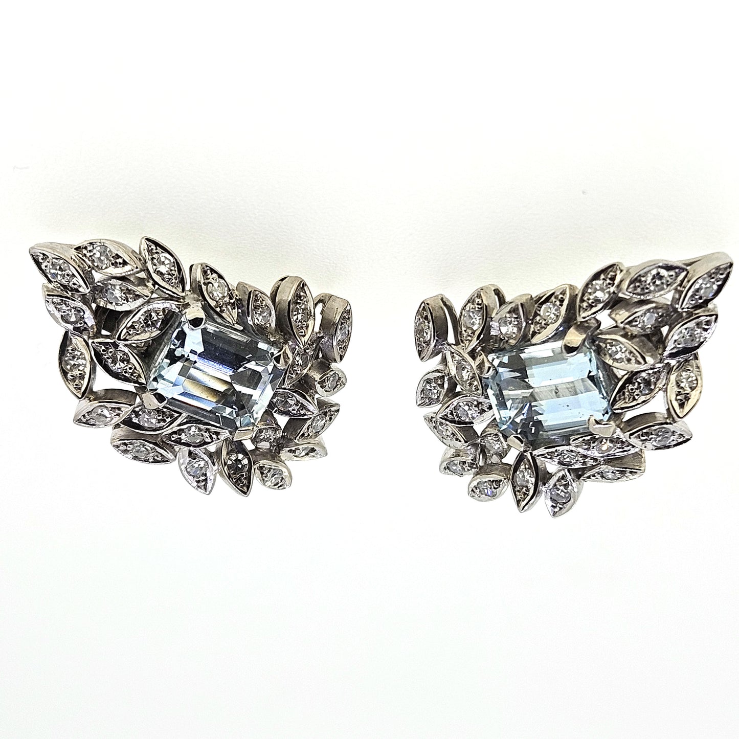 Late Art Deco Aquamarine and Diamond Floral Cluster Clip On Earrings