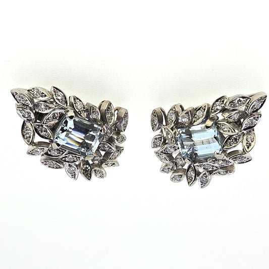 Late Art Deco Aquamarine and Diamond Floral Cluster Clip On Earrings