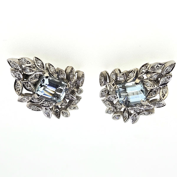 Late Art Deco Aquamarine and Diamond Floral Cluster Clip On Earrings