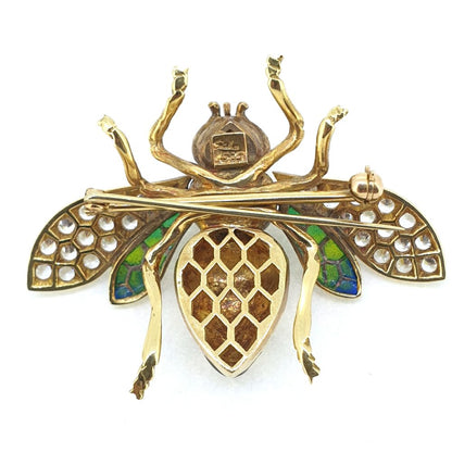 Vintage Plique a Jour Enamel and Diamond Bee Brooch with Ruby and Sapphire