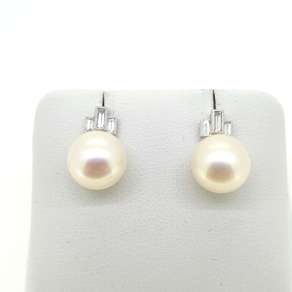 Freshwater Pearl and Baguette Diamond Earrings