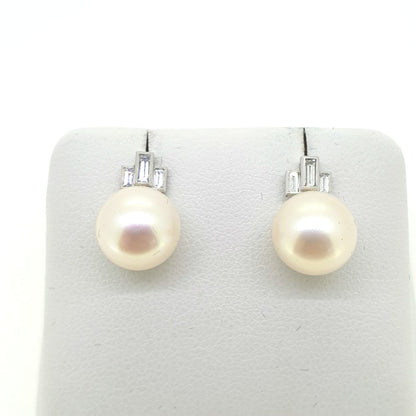 Freshwater Pearl and Baguette Diamond Earrings