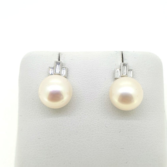 Freshwater Pearl and Baguette Diamond Earrings