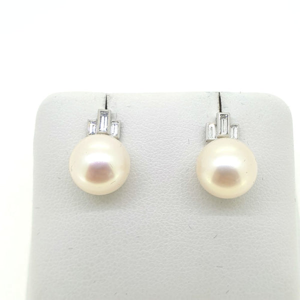 Freshwater Pearl and Baguette Diamond Earrings