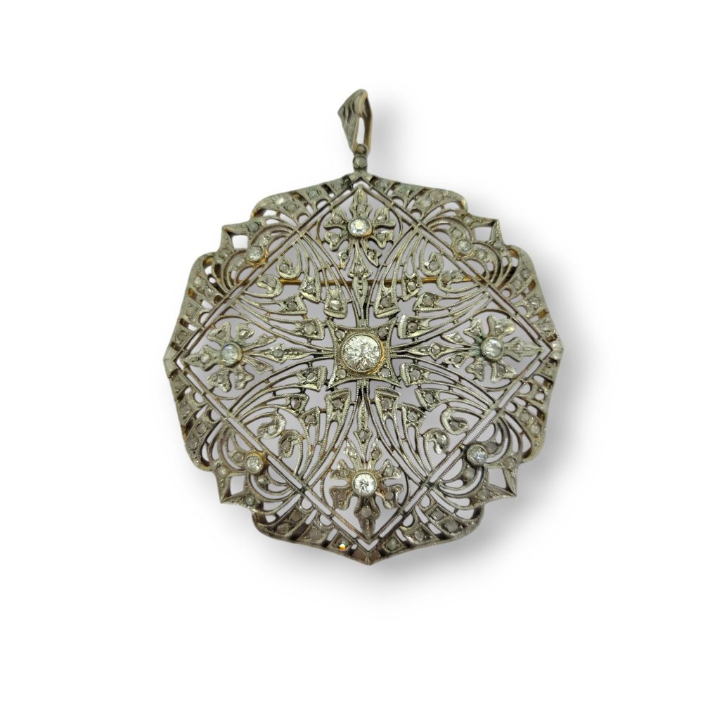 Art Deco Diamond Set Circular Pendant with intricate pierced design set with sparkling diamonds