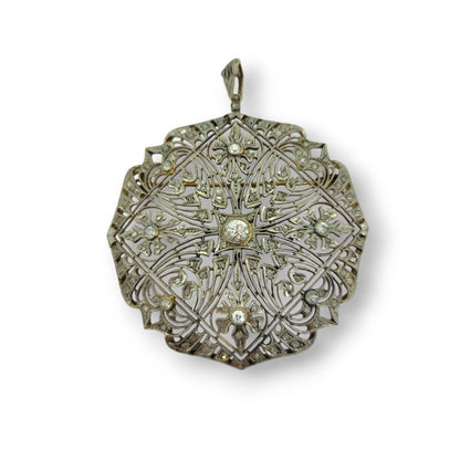 Art Deco Diamond Set Circular Pendant with intricate pierced design set with sparkling diamonds