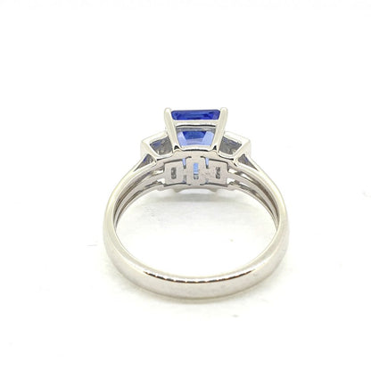 Emerald Cut Tanzanite Ring with Baguette Diamond Shoulders