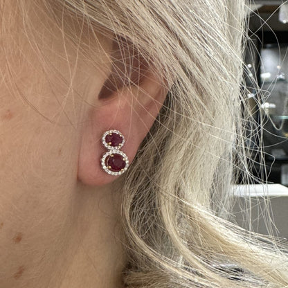 1ct Ruby and Diamond Double Cluster Drop Stud Earrings in 18ct white gold