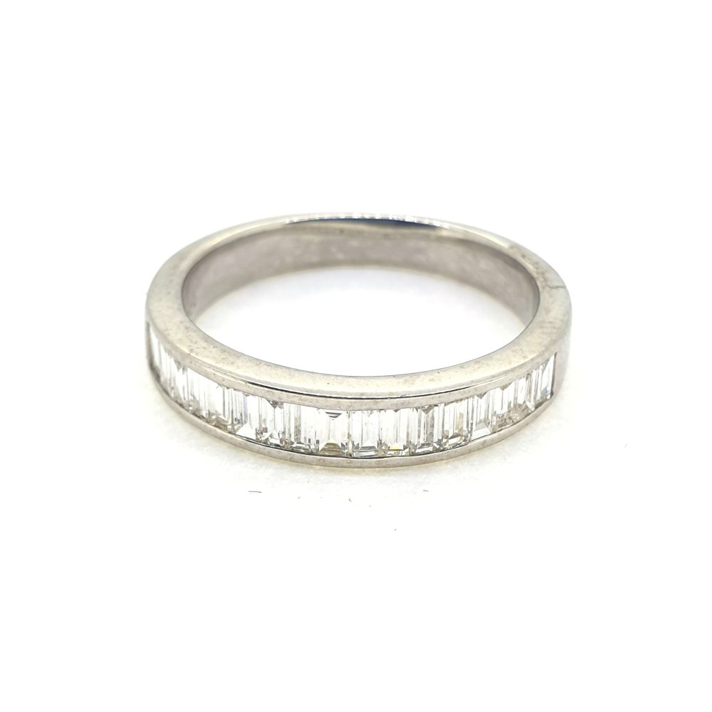 Channel Set 0.85ct Baguette Diamond Half Eternity Band Ring, 18ct white gold ring, channel-set half way with 0.85 carats of baguette-cut diamonds
