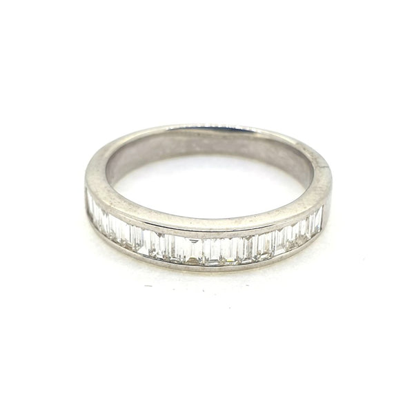 Channel Set 0.85ct Baguette Diamond Half Eternity Band Ring, 18ct white gold ring, channel-set half way with 0.85 carats of baguette-cut diamonds