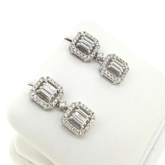 1.60ct Baguette and Brilliant Diamond Double Cluster Drop Earrings