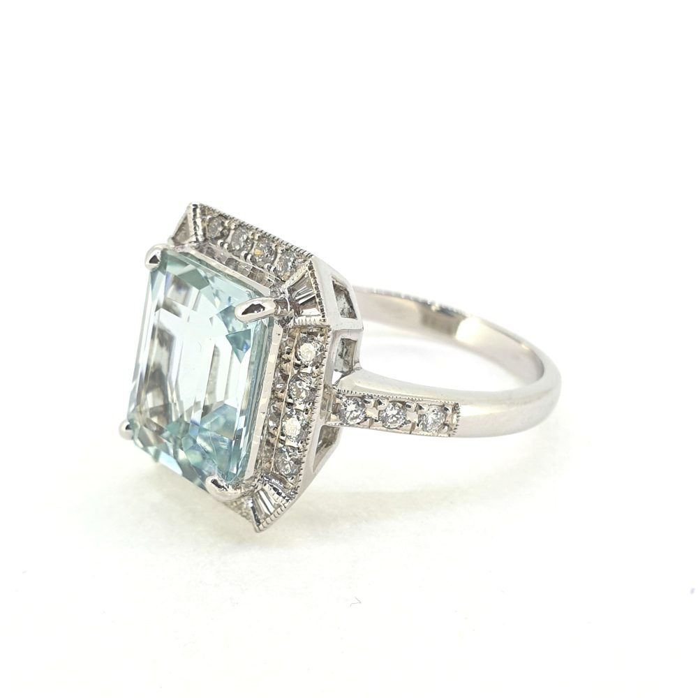 3.70ct Emerald Cut Aquamarine and Diamond Cluster Ring