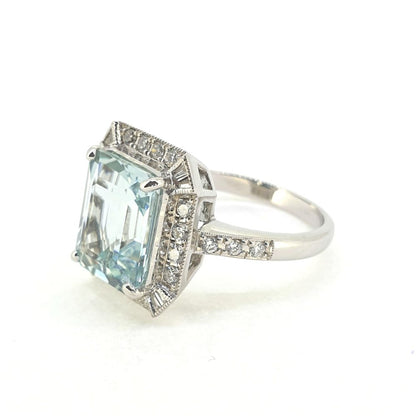 3.70ct Emerald Cut Aquamarine and Diamond Cluster Ring