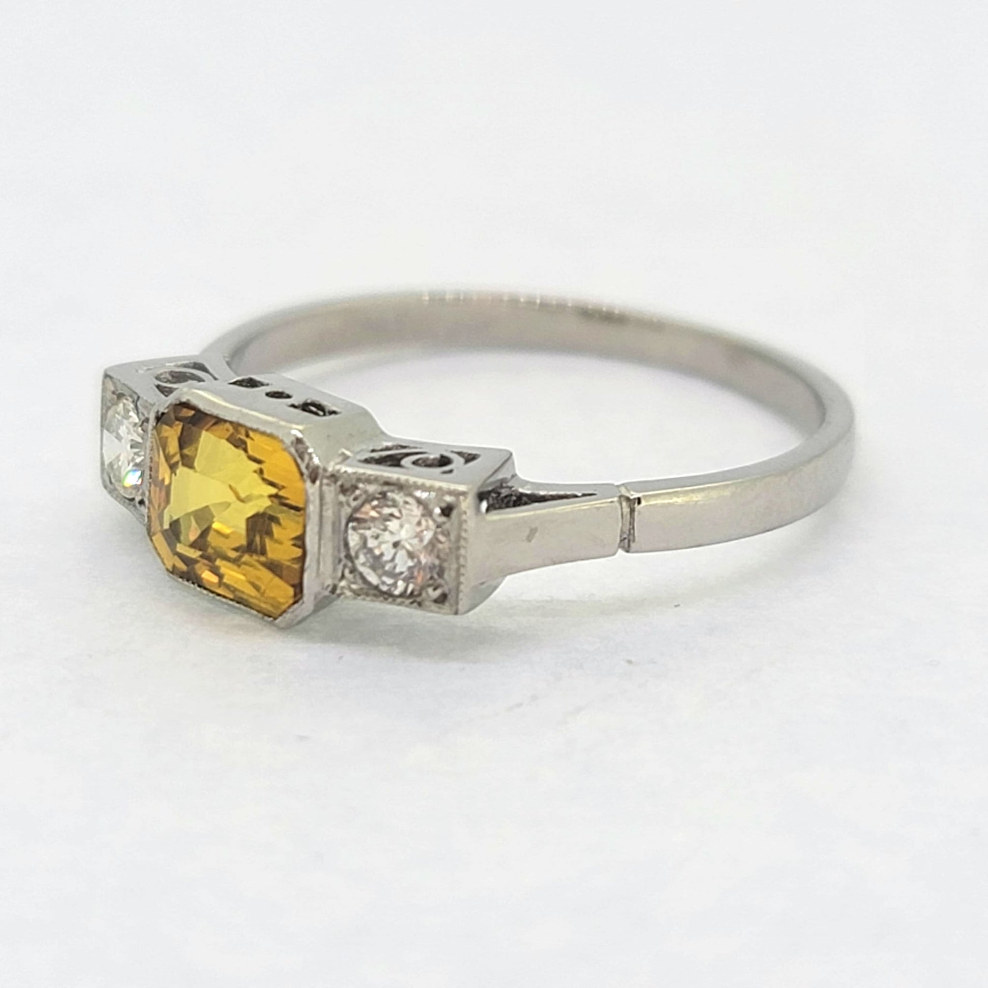 Platinum Yellow Sapphire 1.40 Carats and Diamond Three Stone Ring