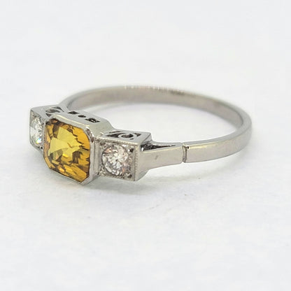 Platinum Yellow Sapphire 1.40 Carats and Diamond Three Stone Ring