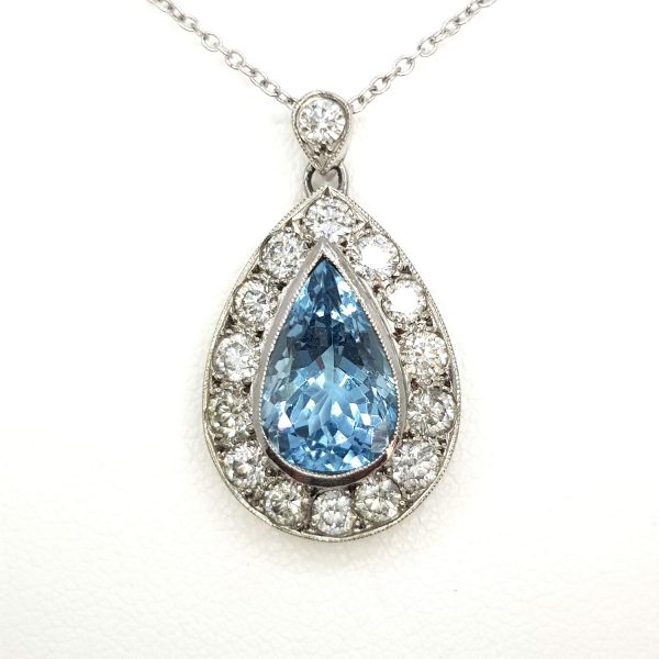 Aquamarine and Diamond Pear Shaped Cluster Pendant 1.80 carats