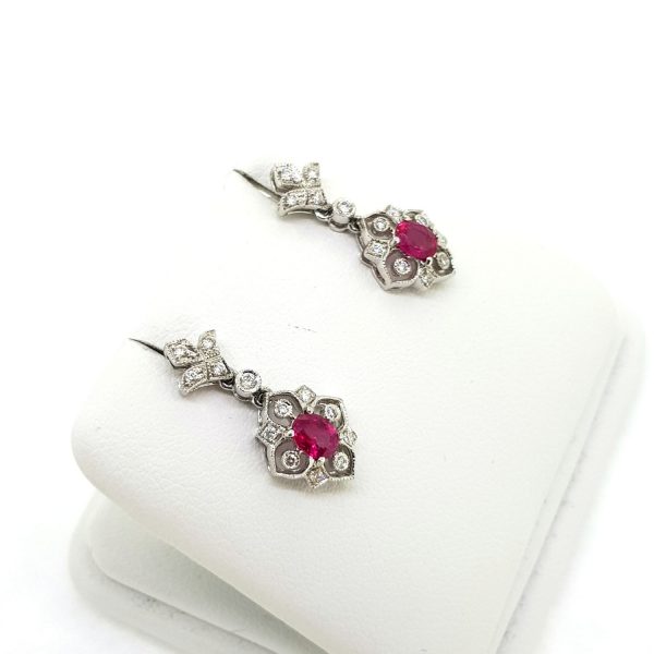 Edwardian Style Ruby and Diamond Cluster Drop Earrings