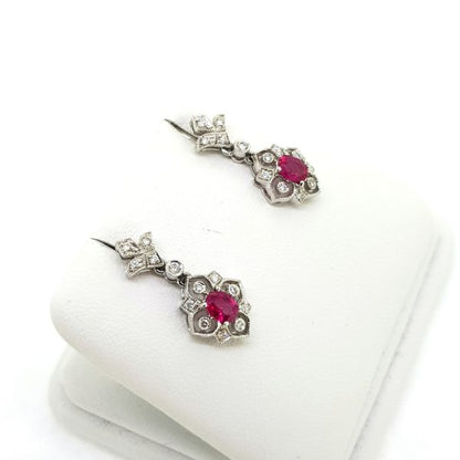 Edwardian Style Ruby and Diamond Cluster Drop Earrings