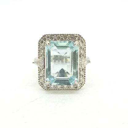 7.40ct Emerald Cut Aquamarine and Diamond Cluster Ring