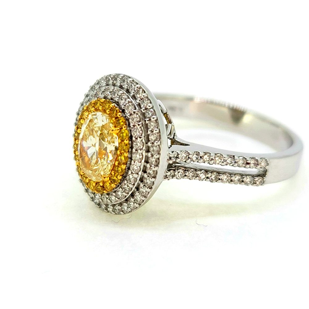 Contemporary 1.76ct Fancy Yellow Diamond Double Cluster Halo Engagement Ring