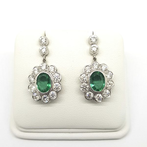 3.03ct Emerald and Diamond Floral Cluster Drop Earrings in 18ct White Gold