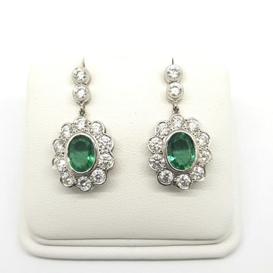 3.03ct Emerald and Diamond Floral Cluster Drop Earrings in 18ct White Gold