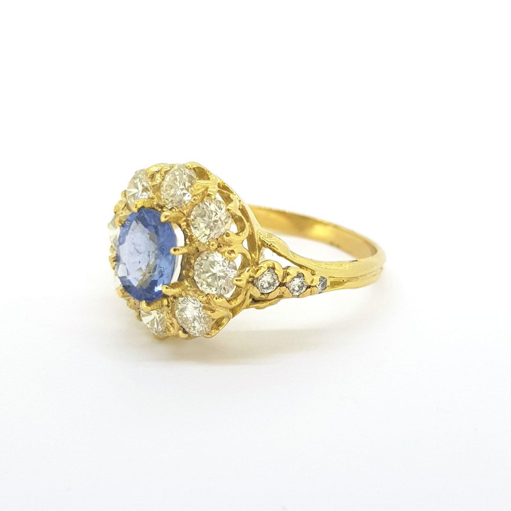 Sapphire and Old Cut Diamond Cluster Ring