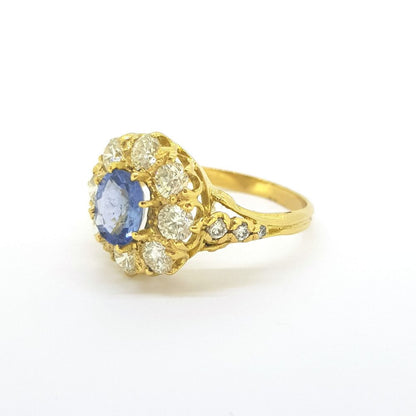 Sapphire and Old Cut Diamond Cluster Ring
