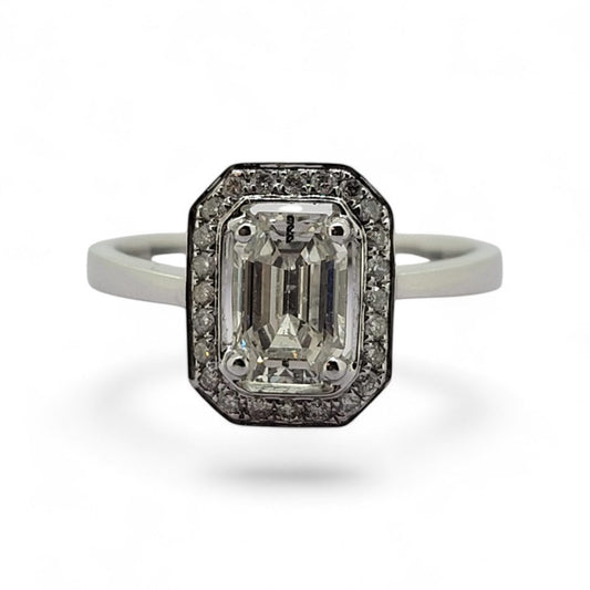 0.87ct Emerald Cut Diamond Cluster Engagement Ring in 18ct White Gold