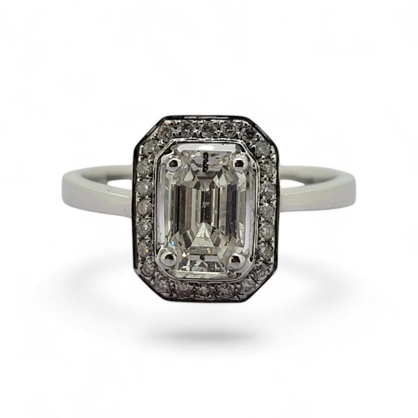 0.87ct Emerald Cut Diamond Cluster Engagement Ring in 18ct White Gold