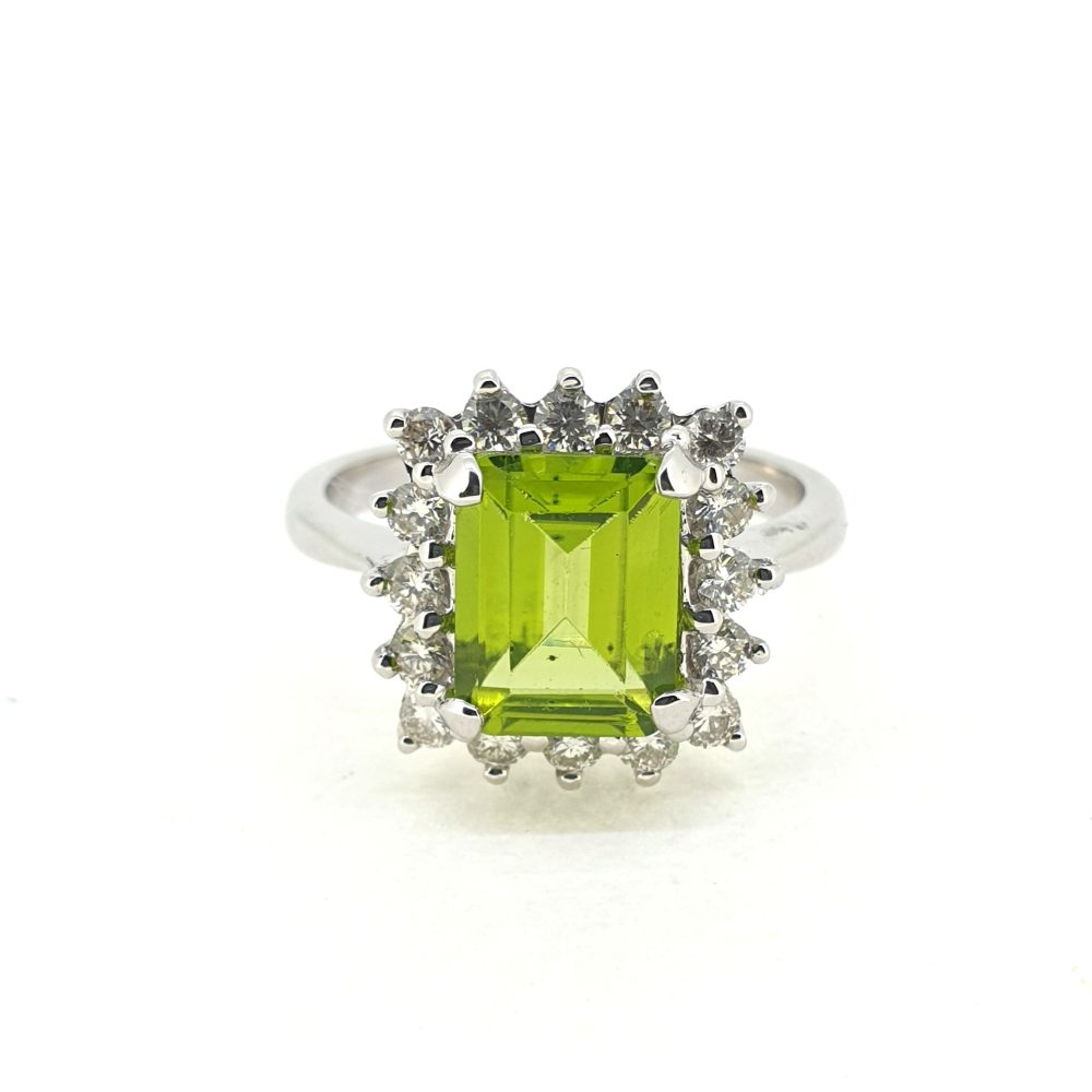 4.68ct Emerald Cut Peridot and Diamond Cluster Ring