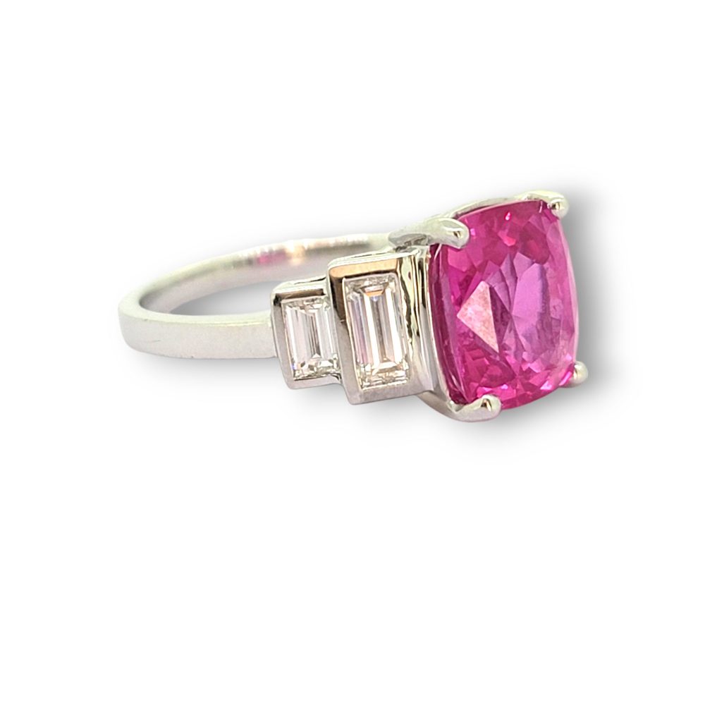 3.90ct Oval Natural Pink Sapphire and Baguette Diamond Engagement Ring in 18ct White Gold
