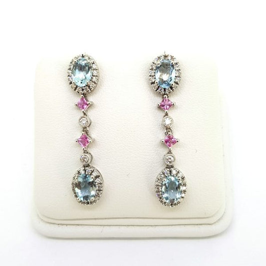 Aquamarine, Pink Sapphire and Diamond Drop Earrings