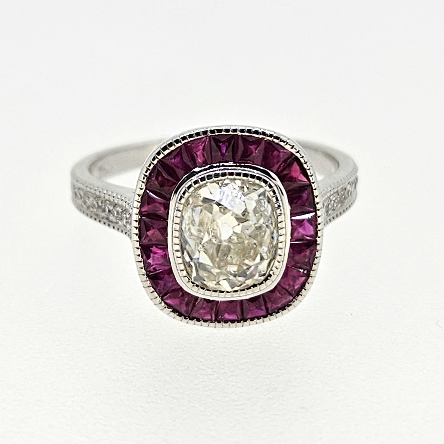 1.68ct Old Cushion Cut Diamond and Calibre Ruby Target Cluster Engagement Ring