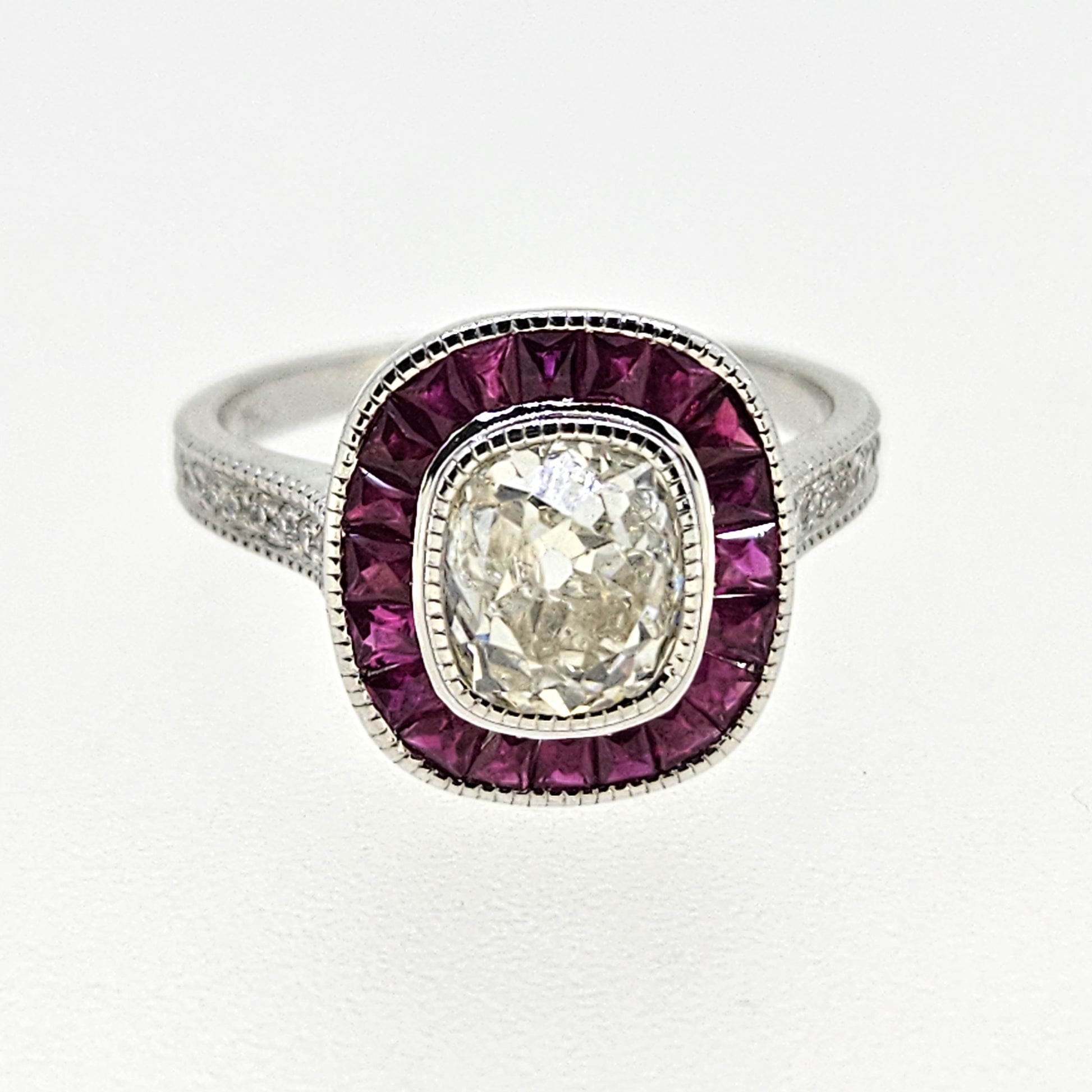 1.68ct Old Cushion Cut Diamond and Calibre Ruby Target Cluster Engagement Ring