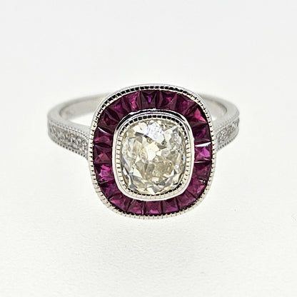 1.68ct Old Cushion Cut Diamond and Calibre Ruby Target Cluster Engagement Ring