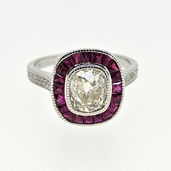1.68ct Old Cushion Cut Diamond and Calibre Ruby Target Cluster Engagement Ring
