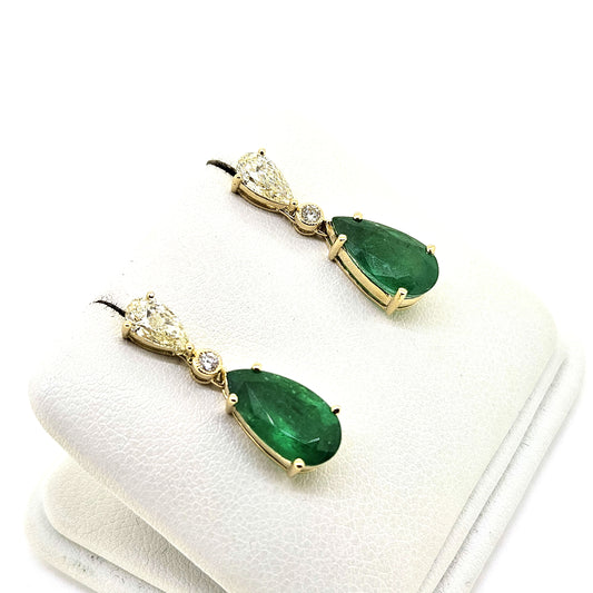 4.10ct Pear Cut Emerald and Diamond Drop Earrings in 18ct Gold