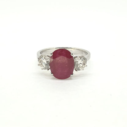 2.87ct Oval Ruby and Diamond Trilogy Engagement Ring in 18ct White Gold
