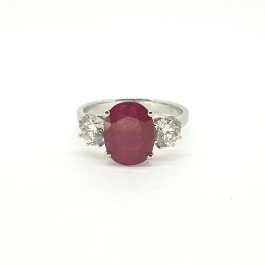 2.87ct Oval Ruby and Diamond Trilogy Engagement Ring in 18ct White Gold