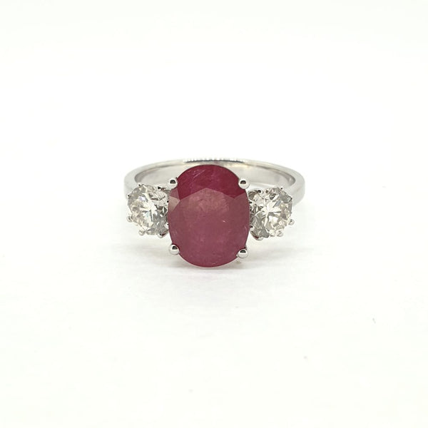 2.87ct Oval Ruby and Diamond Trilogy Engagement Ring in 18ct White Gold
