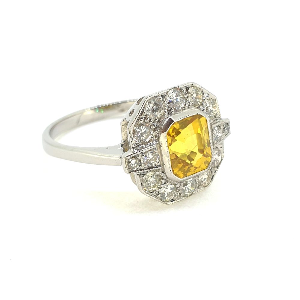1.50ct Emerald Cut Yellow Sapphire and Diamond Cluster Ring in Platinum