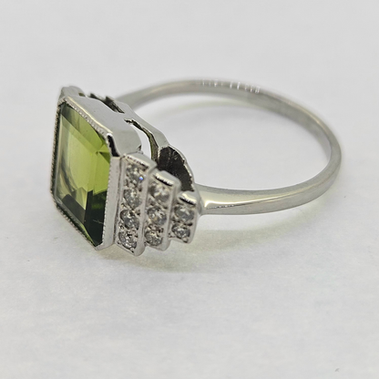 2.4ct Emerald Cut Peridot and Diamond Cluster Ring in Platinum