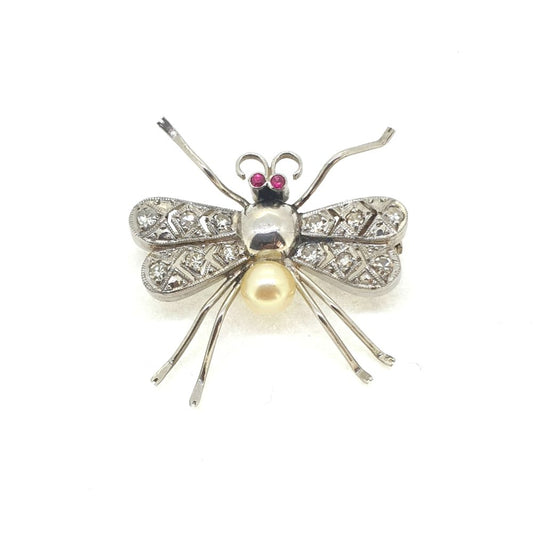 Vintage Pearl and Diamond Set Platinum Insect Brooch