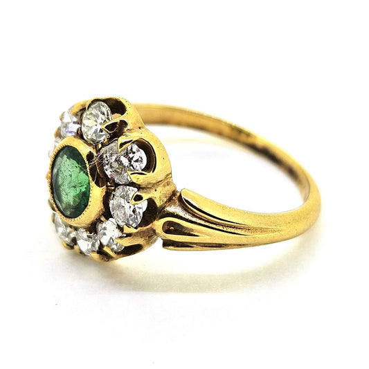 Antique Style Emerald and Diamond Flower Cluster Ring in Yellow Gold