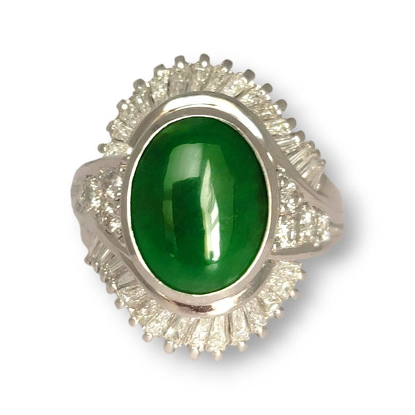 13.30ct Oval Cabochon Jade and Diamond Cluster Ballerina Dress Ring in Platinum